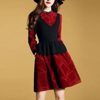 Set: V-neck Vest + Long-sleeve A-line Dress