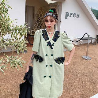 Plaid Panel Bow Midi A-line Dress