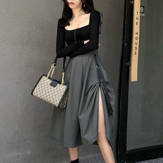 Square-neck Long-sleeve T-shirt / High Waist Midi A-line Skirt