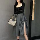 Square-neck Long-sleeve T-shirt / High Waist Midi A-line Skirt