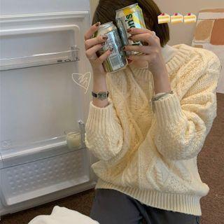 Long-sleeve Plain Cable Knit Sweater Beige - One Size
