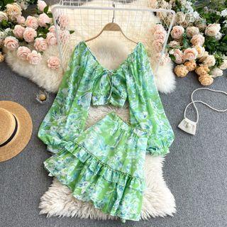 Set: Floral Long-sleeve Top + A-line Skirt Top & Skirt - Floral - Green - One Size