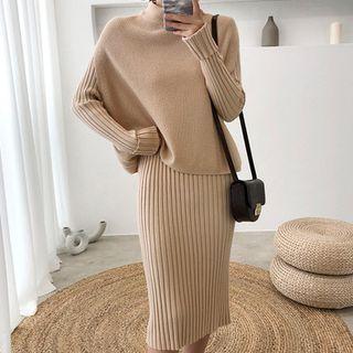 Set: Mock-neck Sweater Vest + Ribbed Knit Dress
