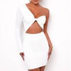 Long-sleeve One-shoulder Knotted Mini Bodycon Dress