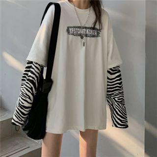 Mock Two-piece Long-sleeve Zebra Print Lettering T-shirt