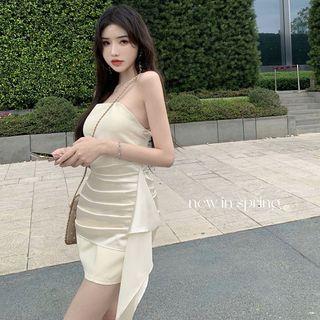Strapless Shirred Ruffled Bodycon Dress