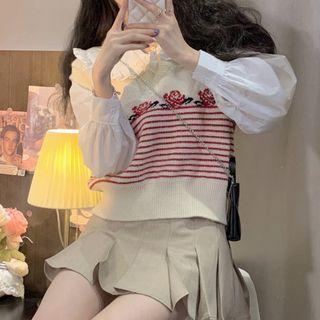 Ruffle Shirt / Striped Flower Print Sweater Vest