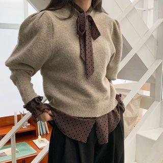 Long-sleeve Dotted Tie-neck Blouse / Sweater
