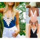 Plunge-neck Lace Trim Swimsuit
