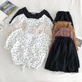 Set: Heart Print Short-sleeve Drawstring Blouse + Wide Leg Shorts