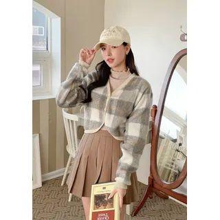 Plaid Fuzzy Crop Cardigan