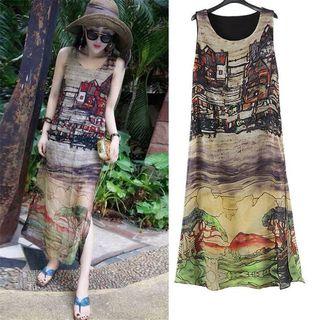 Sleeveless Printed Slit Chiffon A-line Midi Dress