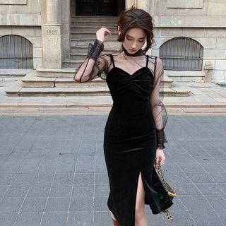 Long-sleeve Mesh Top / Spaghetti Strap Midi Sheath Dress