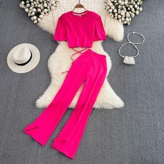 Set: Short Sleeve Crop T-shirt + Boot Cut Pants