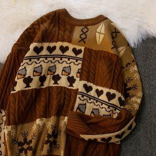 Print Panel Cable Knit Sweater