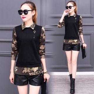 Mock Two-piece Camouflage Collared Top