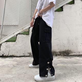 Drawstring Waist Button-up Cargo Loose-fit Pants