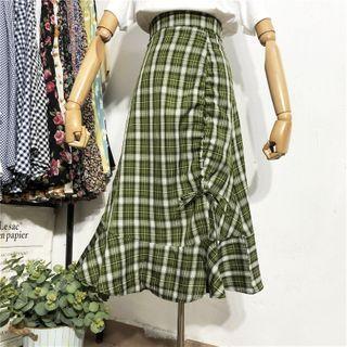 Plaid Drawstring Ruffle Hem Midi Straight-fit Skirt