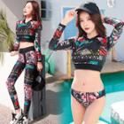 Set: Printed Long-sleeve Cropped Swim Top + Bottom + Leggings