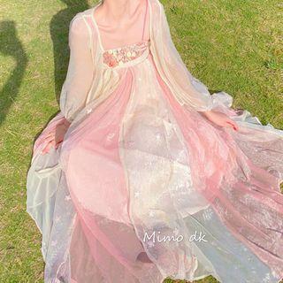 Floral Embroidered Layered Hanfu Dress / Sheer Light Jacket