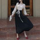 Square-neck Cable Knit Sweater / High Waist Lace-up Midi A-line Skirt / Set
