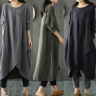 Long-sleeve Round-neck Midi Shift Dress