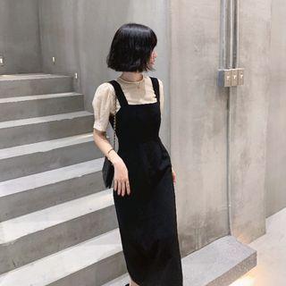 Set: Puff-sleeve Blouse + Midi Jumper Dress