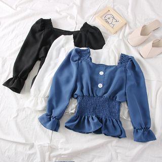 Square-neck Smocked Crop Blouse