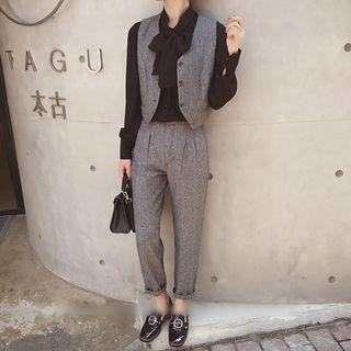Set: Bow Long-sleeve Blouse + Vest + Pants