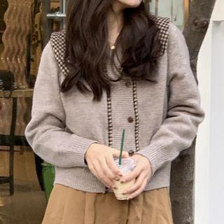 Plaid Collar Cardigan Khaki - One Size