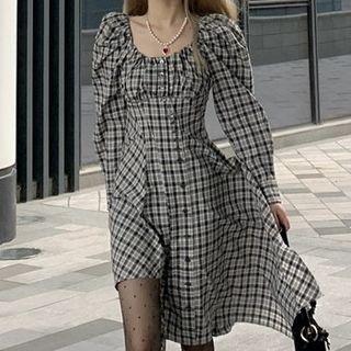 Asymmetrical Hem Plaid Midi A-line Dress