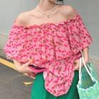 Off-shoulder Floral Print Ruffled Blouse Floral - Pink & Red - One Size