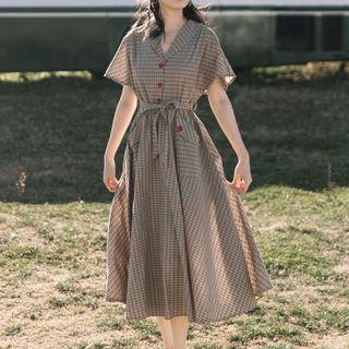 Short-sleeve Plaid Henley Midi Dress