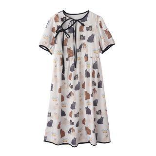 Short-sleeve Cat Print Midi Smock Dress