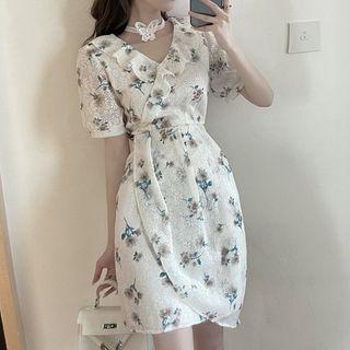 Floral Ruffle Trim Mini Bodycon Dress