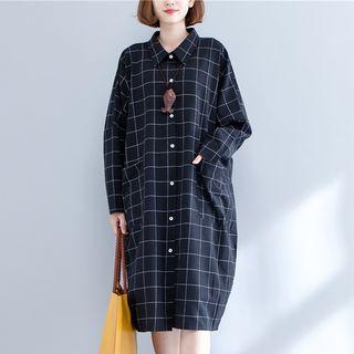 Check Long-sleeve Midi Shirt Dress