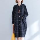 Check Long-sleeve Midi Shirt Dress