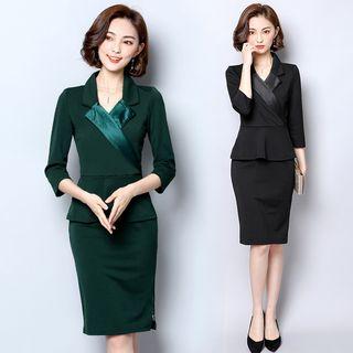 Plain 3/4 Sleeve Collared Peplum Dress