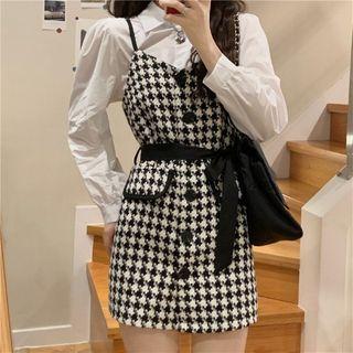 Spaghetti Strap Houndstooth Button-up Mini Dress / Plain Shirt