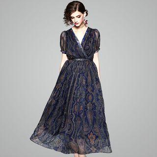 Printed Short-sleeve Open Back Midi A-line Dress
