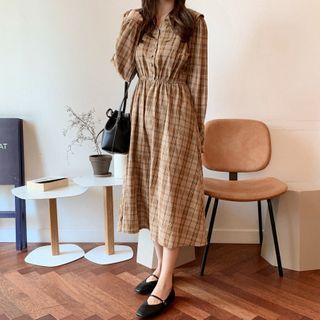 Plaid Long-sleeve Button Midi A-line Dress
