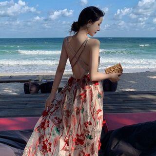 Spaghetti Strap Leaf Embroidered Maxi A-line Dress
