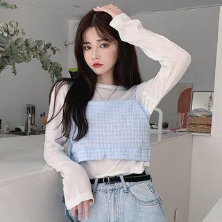 Long-sleeve Plain Knit Top + Plaid Camisole