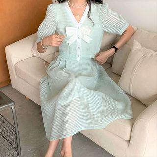 Short-sleeve Bow Button-up Crop Top / Midi Skirt