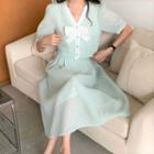 Short-sleeve Bow Button-up Crop Top / Midi Skirt