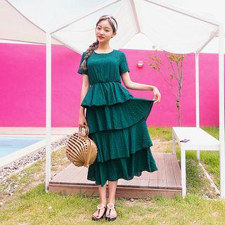 Ruffle-tiered Plaid Long Dress With Sash