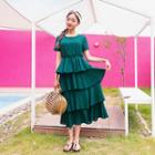 Ruffle-tiered Plaid Long Dress With Sash