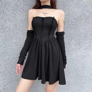 Set: Halter Neck Mini A-line Dress + Arm Sleeves