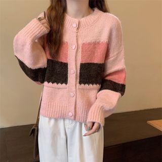 Round Neck Color Block Cropped Cardigan