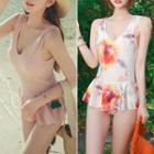 Plain / Floral Print Swim Dress